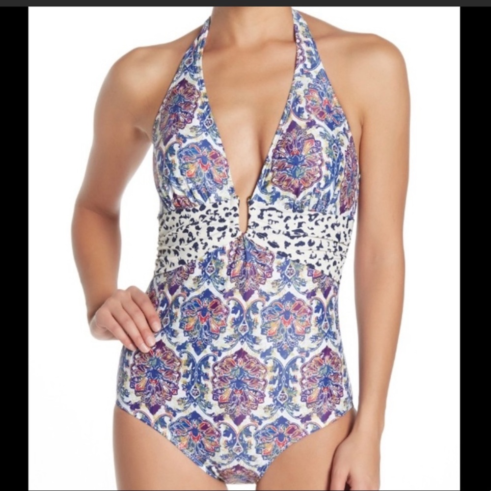 Nicole Miller One Piece Halter Plunge Paisley Multi Print Bathing Suit SZ 1X NWT